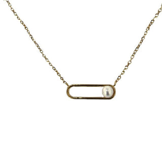 18k Solid Yellow Gold 3mm Floating Pearl inside a rounded Rectangle Necklace , Amalia Jewelry