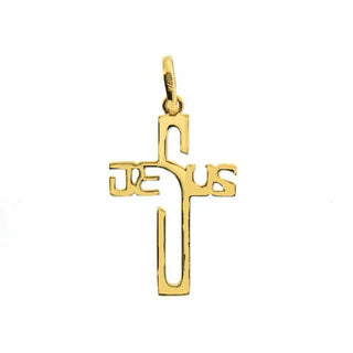 18K Solid Yellow Gold Polished Open Jesus Cross Pendant