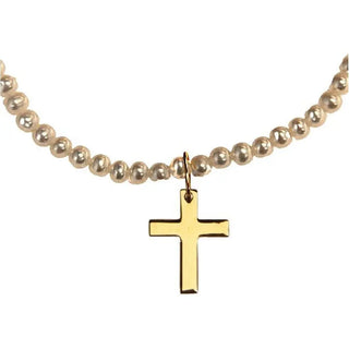 18K Solid Yellow Gold Dangle Polished Cross Pearls Bracelet