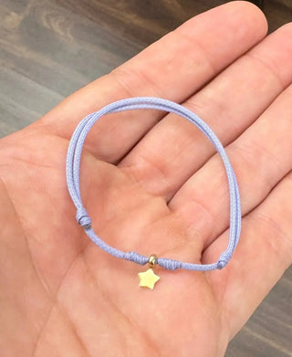 18K Solid Yellow Gold Dangle Star Lavender Macrame Bracelet