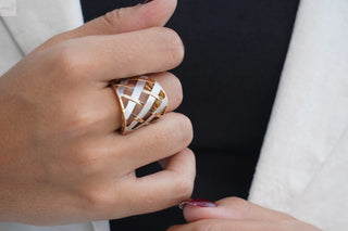 18K Solid Two Tone Gold Open Satin and Polished Weaved Ring