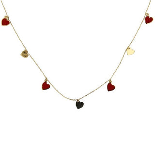 18K Solid Yellow Gold Red enamel and polished Hearts Dangle Necklace , Amalia Jewelry