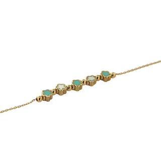 18K Solid Yellow Gold Enamel Green Turquoise & White Mini Flowers Bracelet , Amalia Jewelry