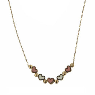 18K Solid Yellow Gold Enamel Pink & White Mini Hearts Necklace , Amalia Jewelry