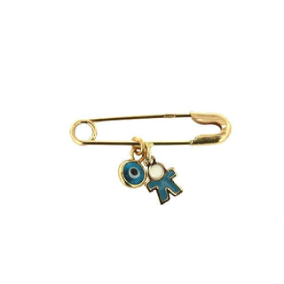 18k Solid Yellow Gold Enamel Blue Boy and Blue Evil Eye Safety Pin Amalia Jewelry