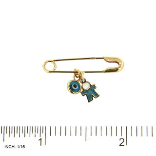 18k Solid Yellow Gold Enamel Blue Boy and Blue Evil Eye Safety Pin , Amalia Jewelry