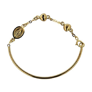 18k Solid Yellow Gold Miraculous Medal and Gold Hearts Half Bangle Bracelet , Amalia Jewelry