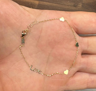 18K Solid Yellow Gold Love and Polished Hearts Bracelet