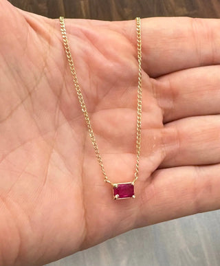 18K Solid Yellow Gold Solitaire Ruby Curb Chain Necklace 