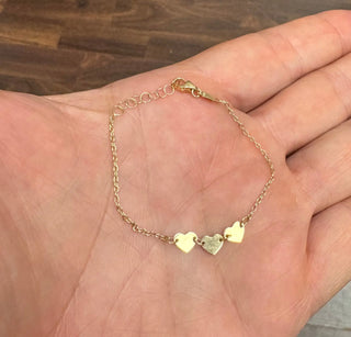 18K Solid Yellow Gold Polished Three Flat Hearts Bracelet