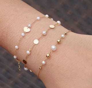 18K Yellow Gold Pearls and Polished Hearts Bracelet 7 with extra oval rings at 6.25 inches Hearts 6.80mm Pearls 3.50 mm , Amalia Jewelry