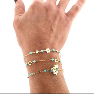 18K Yellow Gold Turquoise enamel Beads with Flowers and Turquoise enamel Flower Bracelet 6 inches , Amalia Jewelry