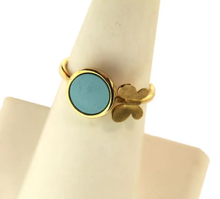 18K Solid Yellow Gold Turquoise and Satin Butterfly Ring