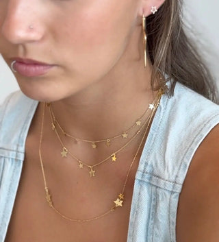 18K Solid Yellow Gold Hanging MIni Stars Necklace 17 inches