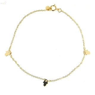 18K Solid Yellow Gold Three mini Hamsa charm Anklet Bracelet 10 inches