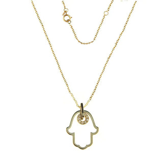 18K Solid Yellow Gold Hamsa and Diamond Evil Eye Necklace