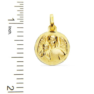 18K Solid Yellow Gold Diamond cut border Guardian Angel Medal 14mm