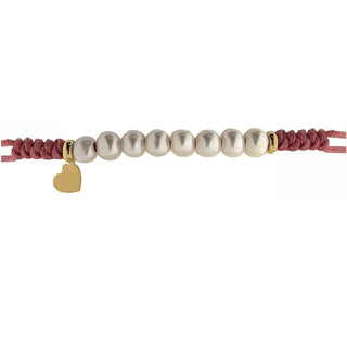 18K Solid Yellow Gold Heart and Pearls Pink color Macrame Bracelet