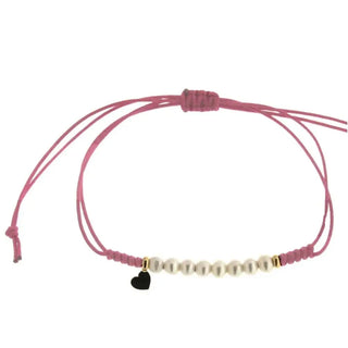 18K Solid Yellow Gold Heart and Pearls Pink color Macrame Bracelet