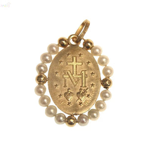 18K Solid Yellow Gold Pearls Miraculous Oval Medal Pendant