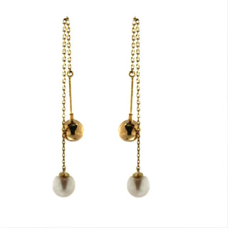 18K Solid Yellow Gold 6mm Polished Ball and Cultivated Pearl Thread Earrings