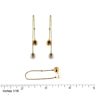 18K Solid Yellow Gold 6mm Polished Ball and Cultivated Pearl Thread Earrings and ruler