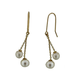 18K Solid Yellow Gold Dangle Two Cultivated Pearls Earrings