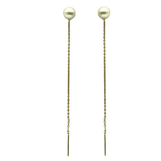 18K Solid Yellow Gold 7mm Pearl Long Thread Earrings