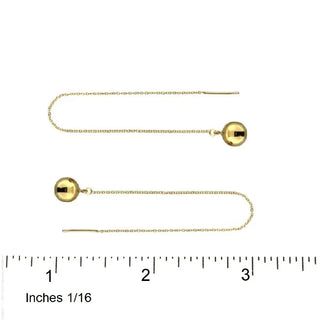 18K Solid Yellow Gold Polished 7mm Ball Thread Earrings with ruler