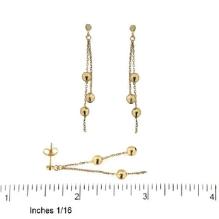 18K Solid Yellow Gold Dangle Ball Post Earrings. with ruler
