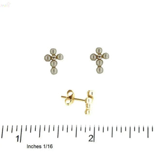 18K Solid Yellow Gold Center Zirconia Cultivated Pearls Cross Post Earrings