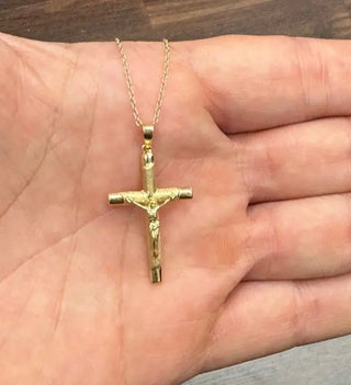 18K Solid Yellow Gold Polished and Satin Crucifix Pendant
