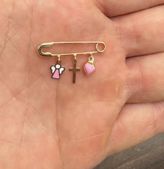 18K Gold Cross and Pink Heart and Angel Enamel Safety Pin