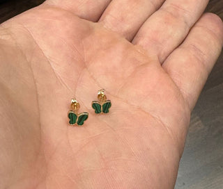 18K Solid Yellow Gold Malachite Tiny Butterfly Post Earrings