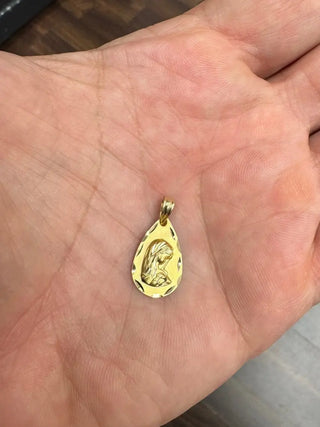 18K Solid Yellow Gold Diamond cut Virgin Mary Girl Tear Drop Medal