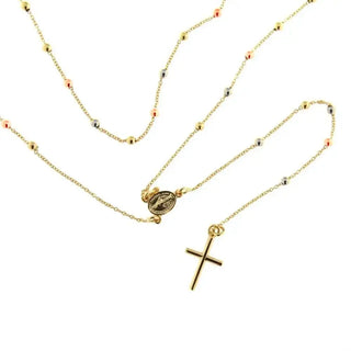 18K Solid Tri Color Gold Complete Thin Rosary Necklace