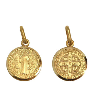 18K Solid Yellow Gold Saint Benedict Medal 13 mm front and back of the medal