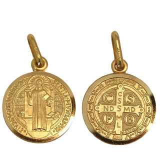 18K Solid Yellow Gold Saint Benedict Medal 15 mm, front  & back of the medal