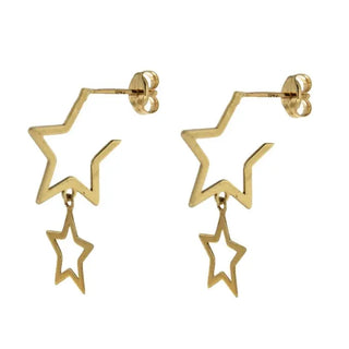 18K Solid Yellow Gold Double Open Dangling Stars Post Earrings , Amalia Jewelry