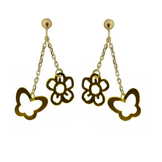 18K Yellow Gold  Open  cut Butterfly and Flower Dangle Earrings 1 inch L