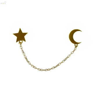 18K Solid Yellow Gold Polished Star and Moon Chained Earring .