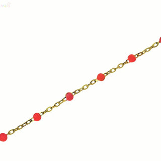 18K Solid Yellow Gold Red Enamel Bead Diamond Cut Bracelet