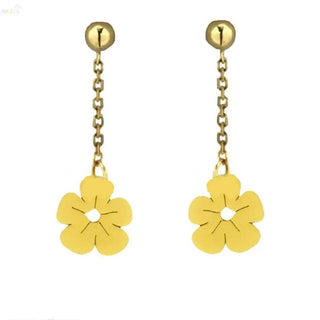 18K Solid Yellow Gold Flower Dangling Post Earrings