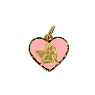 18K Solid Yellow Gold Pink Enamel Angel Heart Medal Pendant