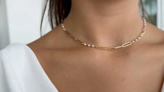 18K Solid Yellow Gold Pearls and Paperclip Link Necklace