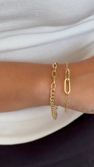 18k Gold Two Paperclip Central Links Rollo chain Bracelet