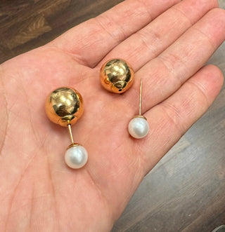 18K Solid Gold Cultivated Pearl and Back Large Ball Earrings