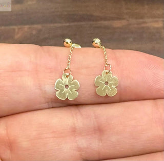 18K Solid Yellow Gold Flower Dangling Post Earrings