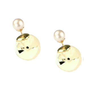 18K Solid Gold Cultivated Pearl and Back Large Ball Earrings