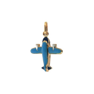 18k Solid Yellow Gold Blue Enamel Airplane Pendant , Amalia Jewelry